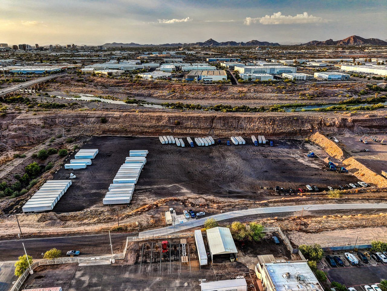 Aerial over the Elwood yard toward downtown Phoenix