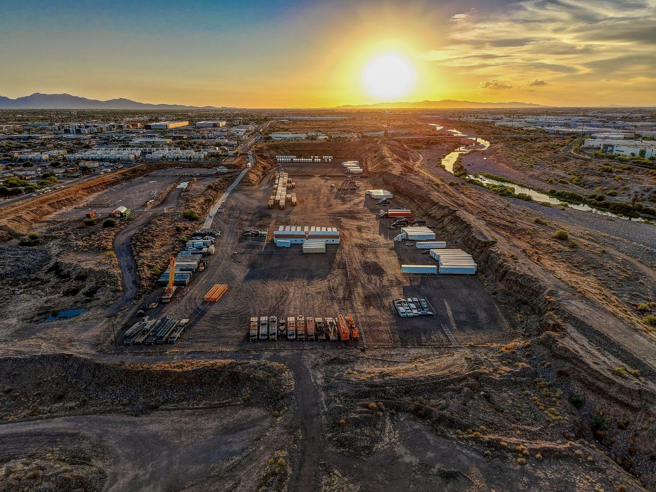 Sunset aerial over the yard and the Salt River corridor